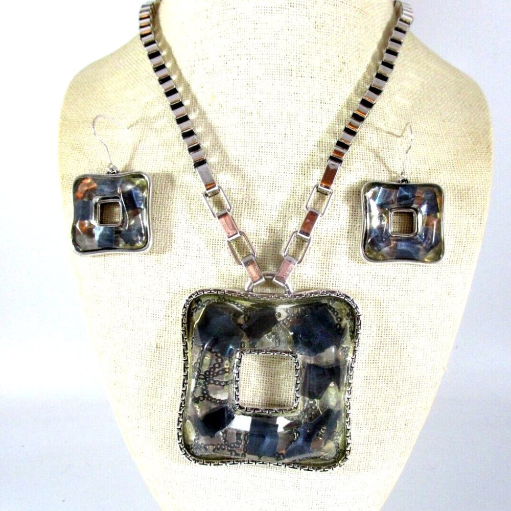 Unique Blue Marble Glass Square Pendant Necklace & Earrings Set